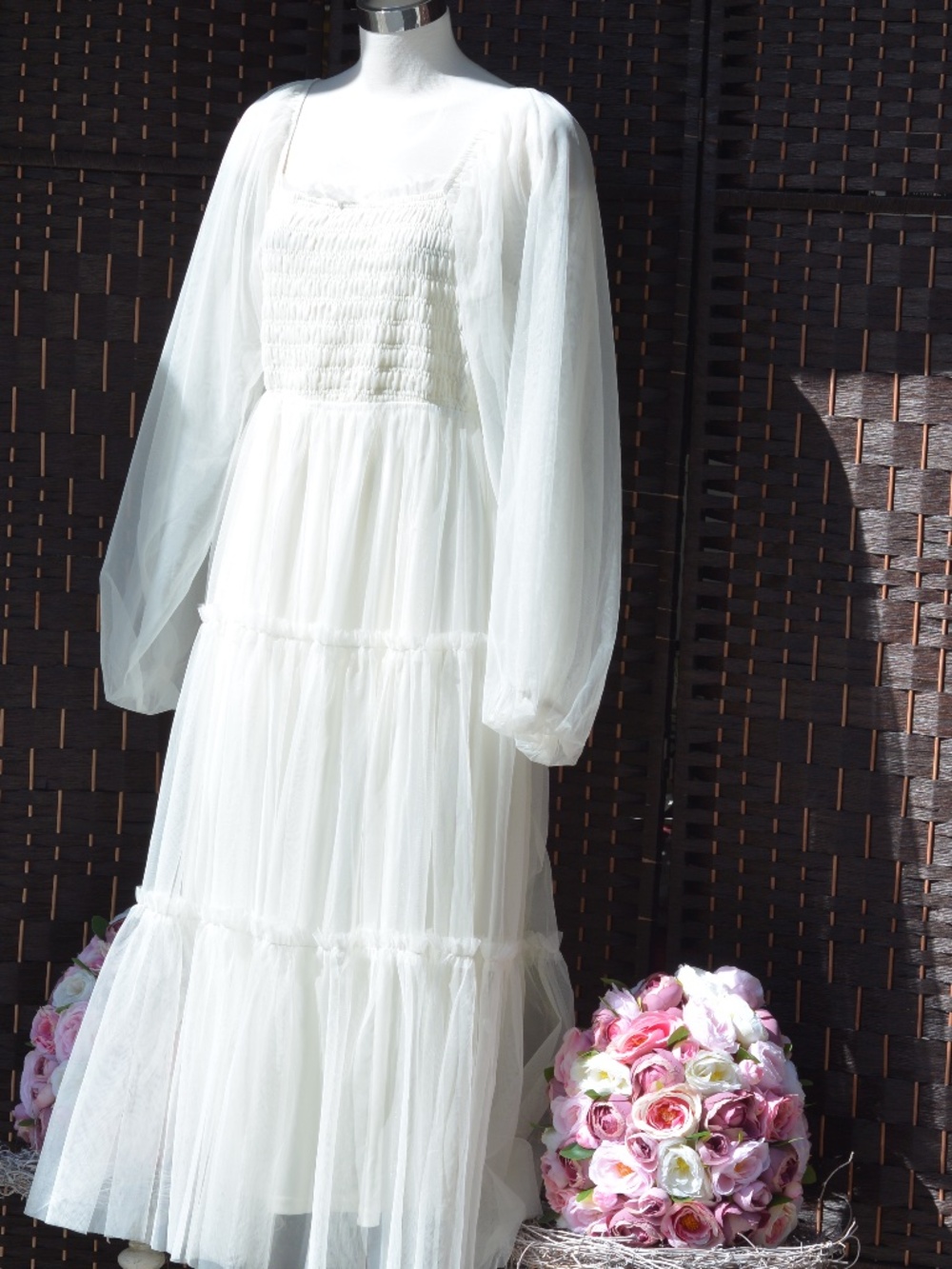 Cream Tiered, gathered, long sleeve Netted Dress SZ L
